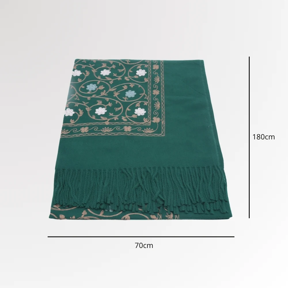 Cachecol Feminino Cashmere Bordado Floral Elegante com Franjas para Inverno Verde - Image 6
